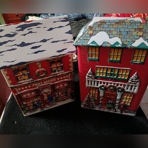 Set of 2 Harry London Metal House Tins Christmas House Post Office